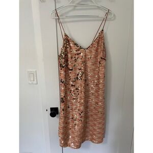Violeta by Mango Sequin Slip Dress Coral Gold Sparkle V‎ Neck Mini Party